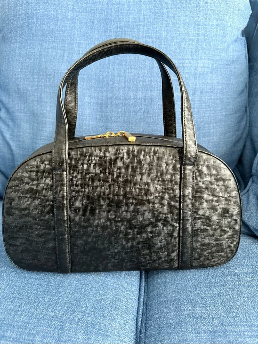 MCM Black Textured Leather Dome Satchel with Gold Accents